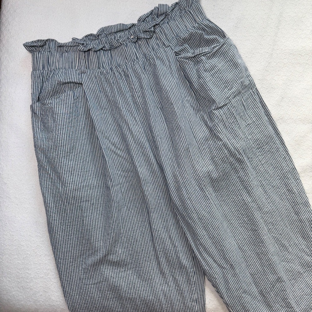 Essue Blue White Striped Paperbag Waist Cotton Pants CP1002A Size L